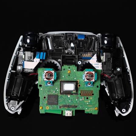 Sökülmüş DualSense kolunun anakartı ve analog modülleri